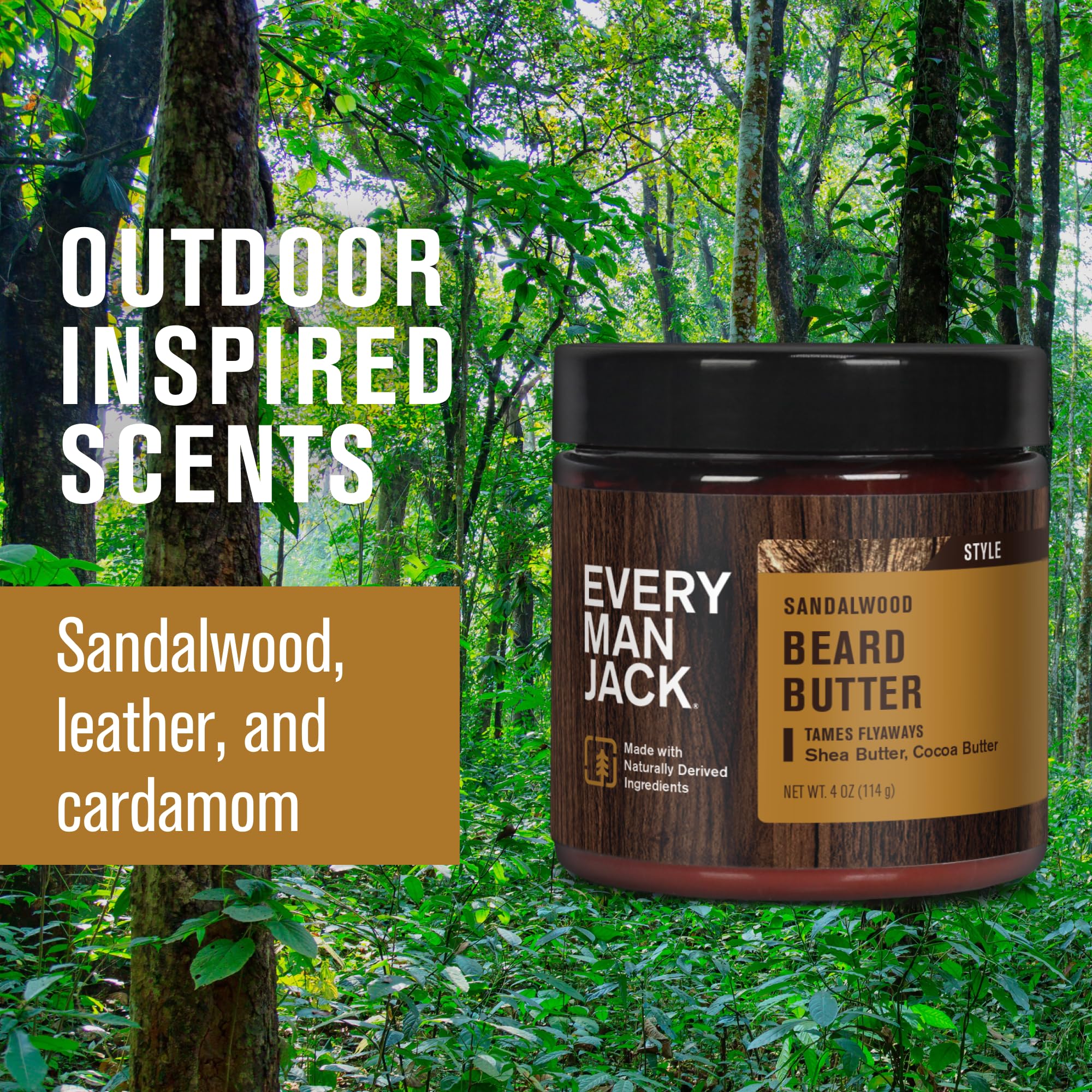 Every Man Jack beard butter application on beard highlights frizz control and smooth styling.