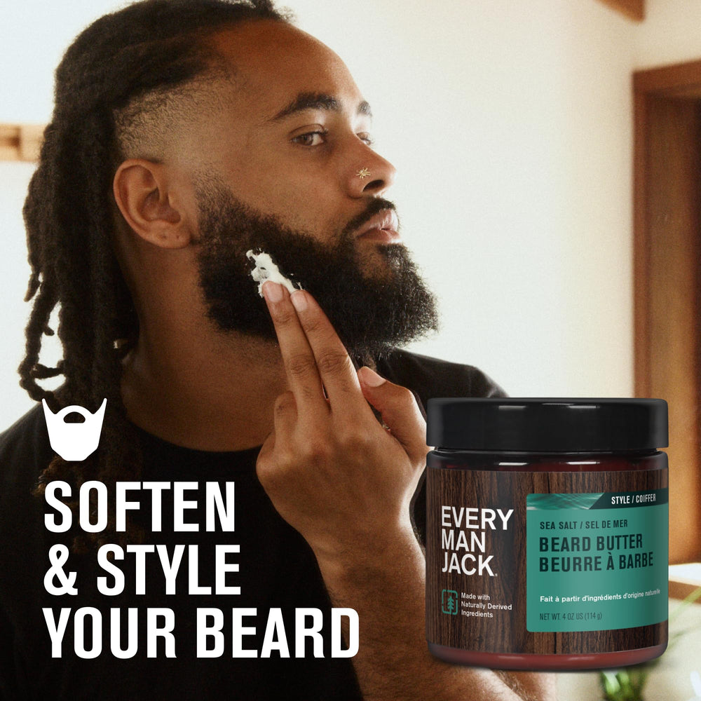 Every Man Jack beard butter shea-coconut ingredients displayed; promotes moisturized beard care
