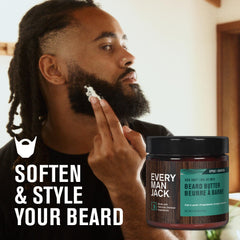 Every Man Jack beard butter shea-coconut ingredients displayed; promotes moisturized beard care