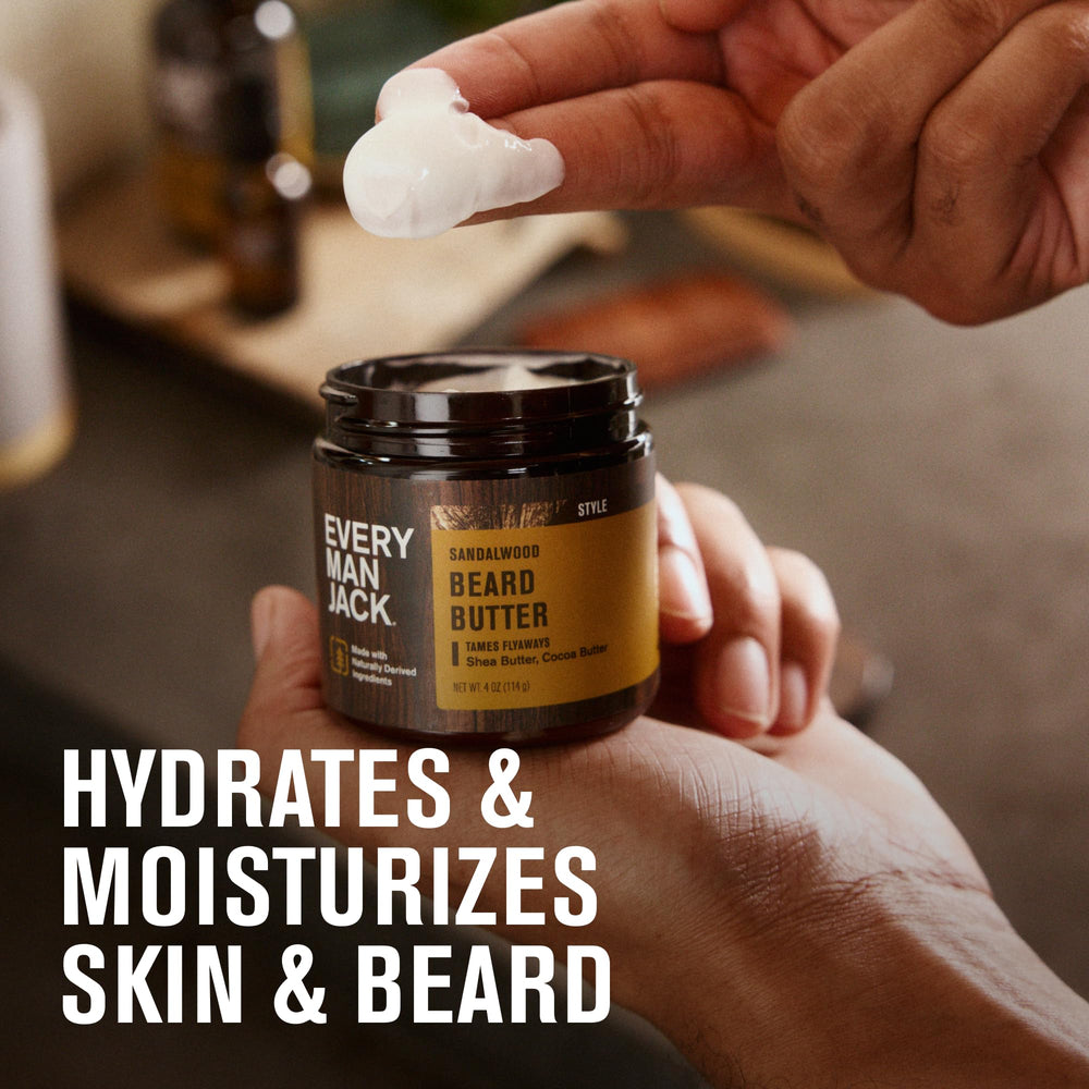 Every Man Jack Beard Butter Subtle Sandalwood application evenly distributes hydration for tame growth.