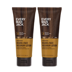Every Man Jack Beard + Face Recovery Lotion bottle closeup showing hydrating relief for beard and skin.