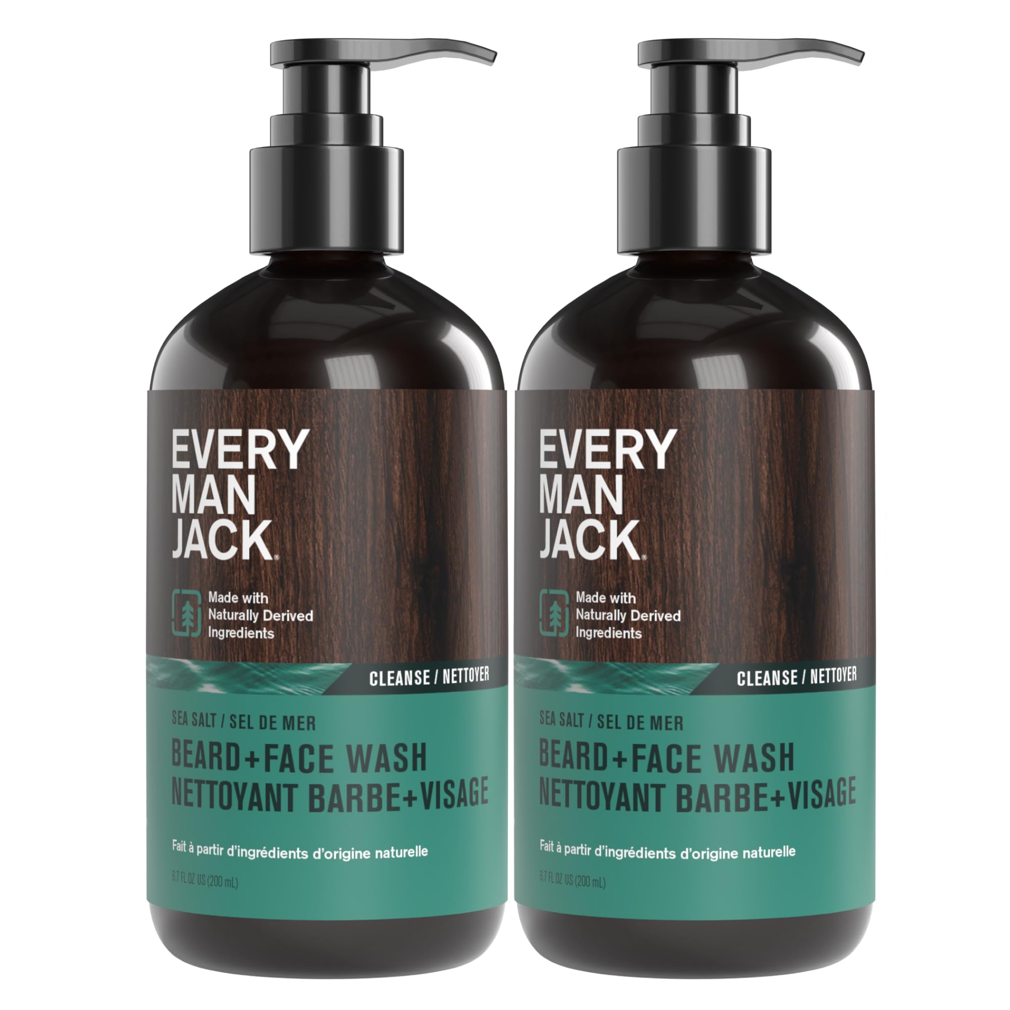 Every Man Jack beard-face-wash bottle close-up highlighting deep cleansing.