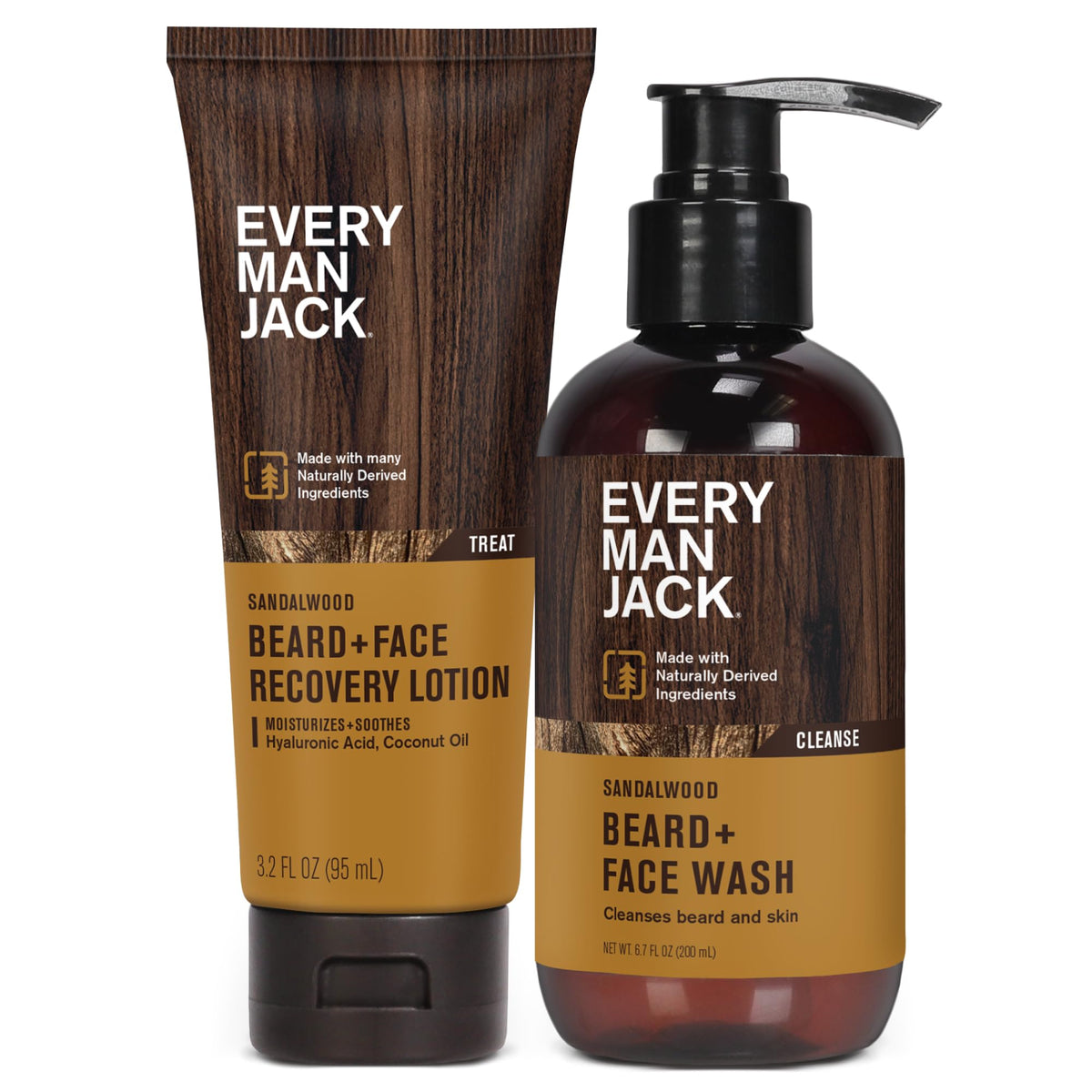 Every Man Jack beard-face wash-lotion-set sandalwood-packaging highlights convenient all-in-one grooming.