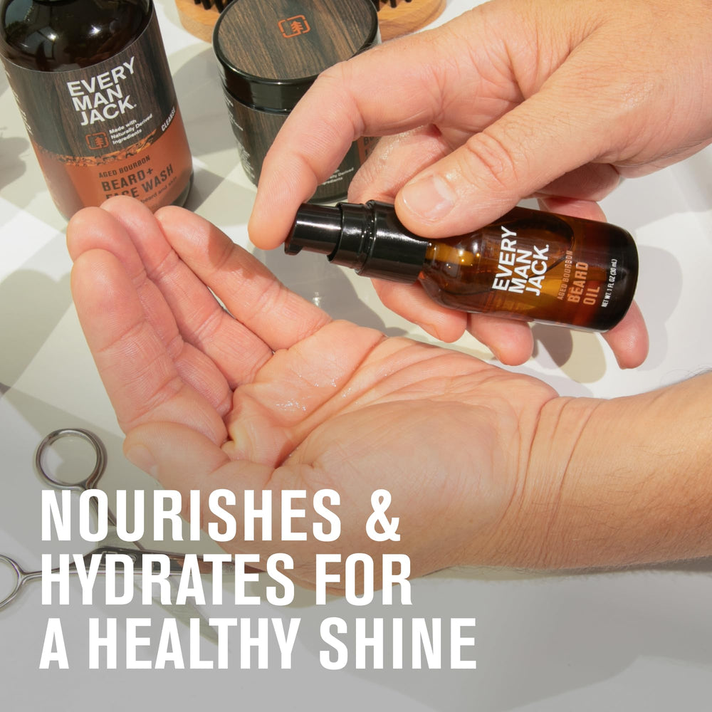 Every Man Jack beard oil amber-vanilla-note emphasizes a refined scent during styling.