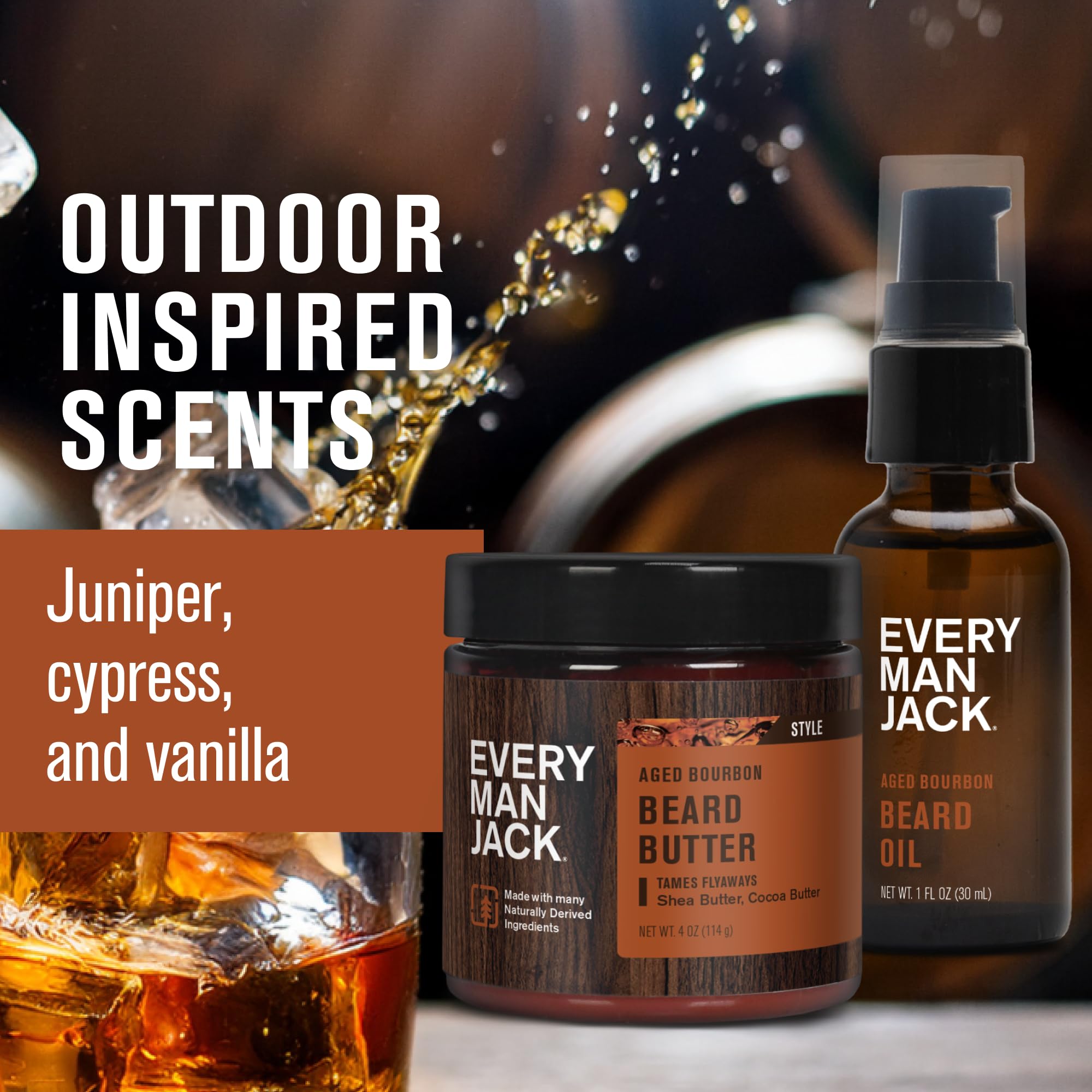 Every Man Jack beard oil bottle close-up highlights bourbon fragrance.
