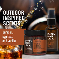 Every Man Jack beard oil bottle close-up highlights bourbon fragrance.
