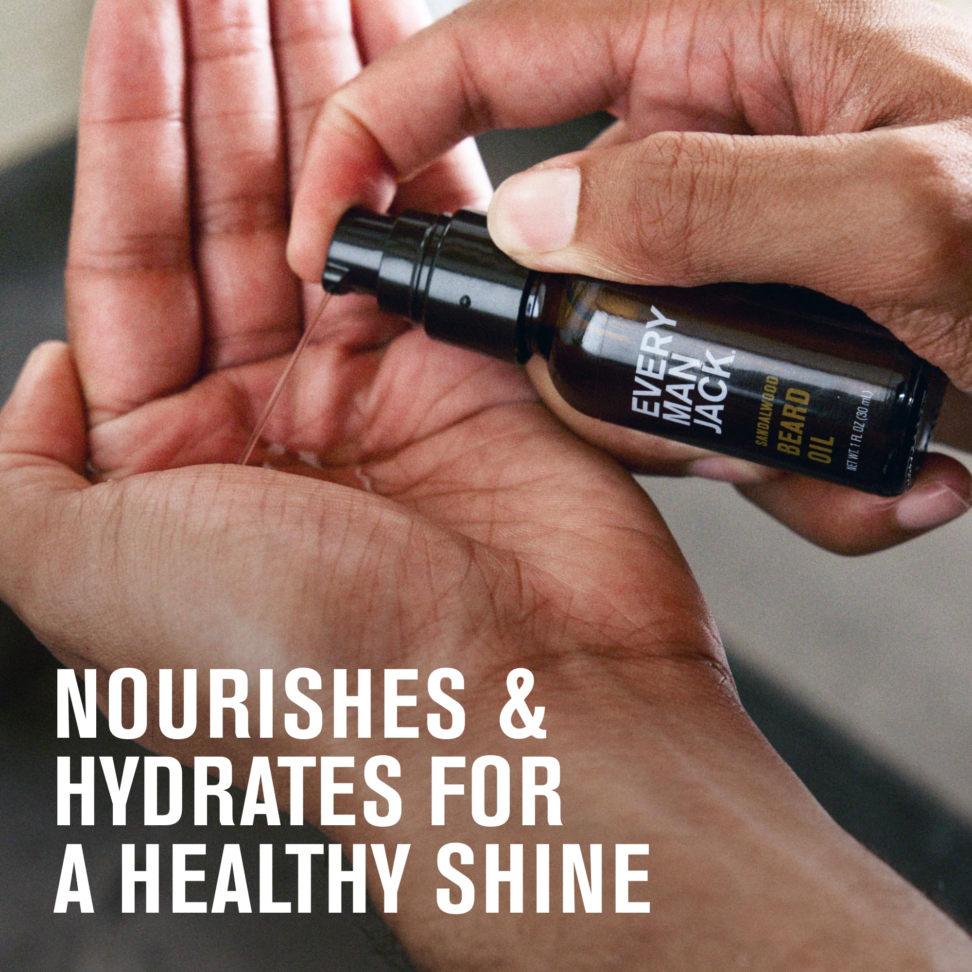 Every Man Jack beard oil hands-application demonstrates easy rub-in for softer facial hair.