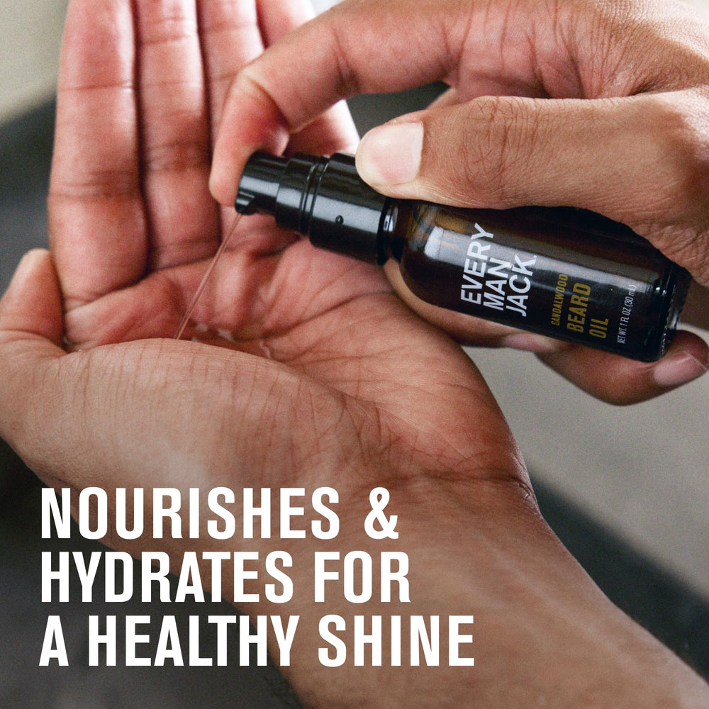 Every Man Jack beard oil hands-application demonstrates easy rub-in for softer facial hair.