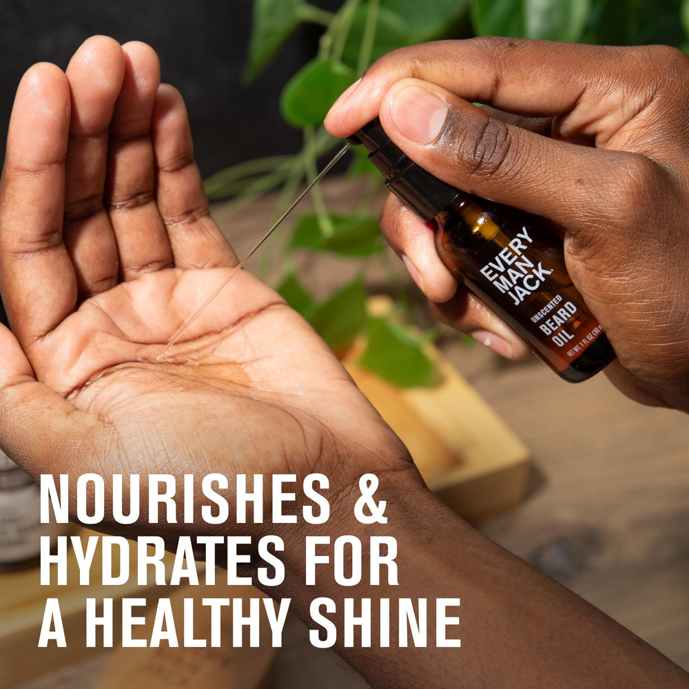 Every Man Jack beard oil with argan and shea ingredients shown as natural nourishment.