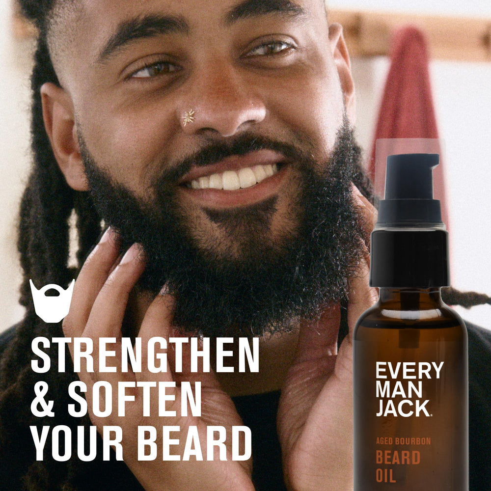 Every Man Jack beard oil softens beard during application for smoother skin.