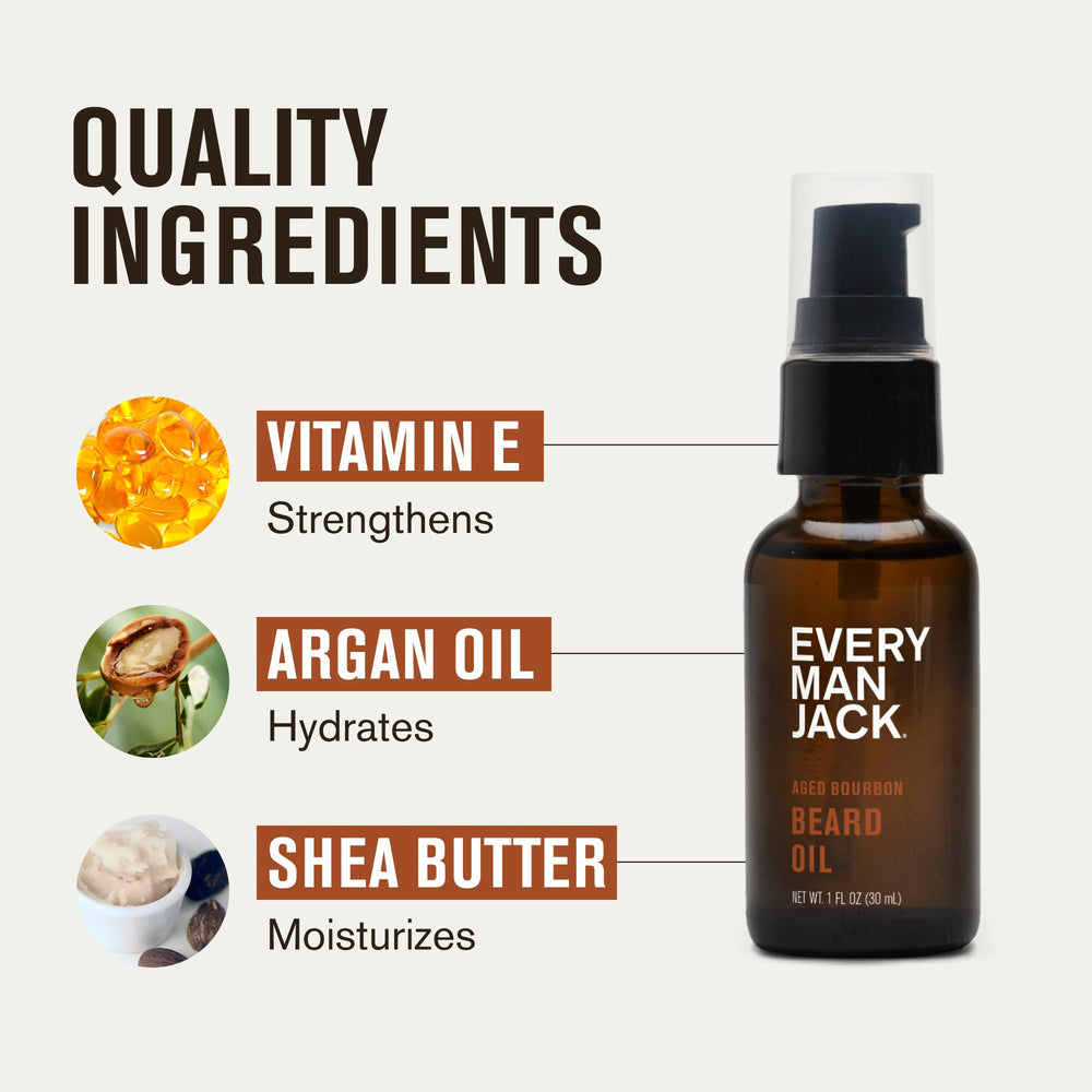 Every Man Jack beard oil vitamin-e-argan-borage blend nourishes beard and skin.