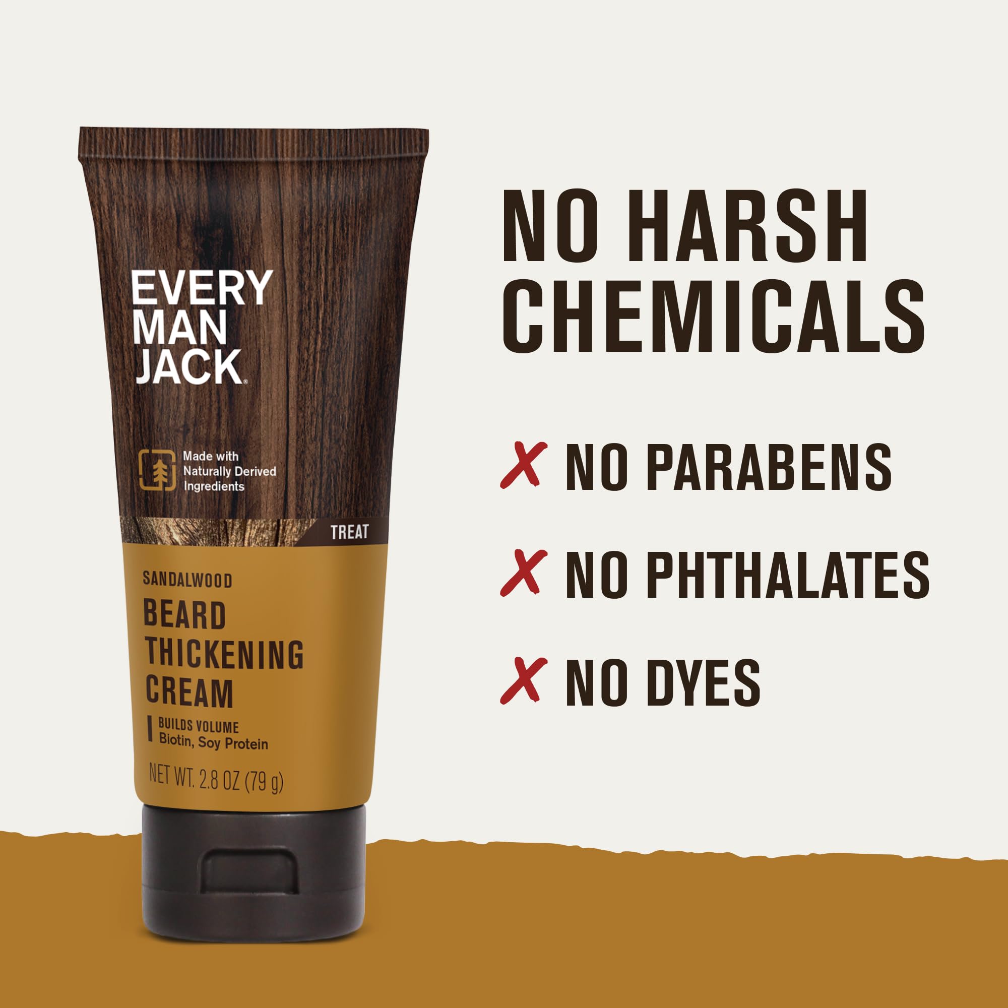 Every Man Jack beard thickening cream label communicates natural ingredients and dermatologist-tested reassurance