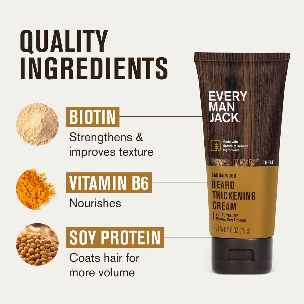 Every Man Jack beard thickening cream sandalwood scent accompanies daily styling