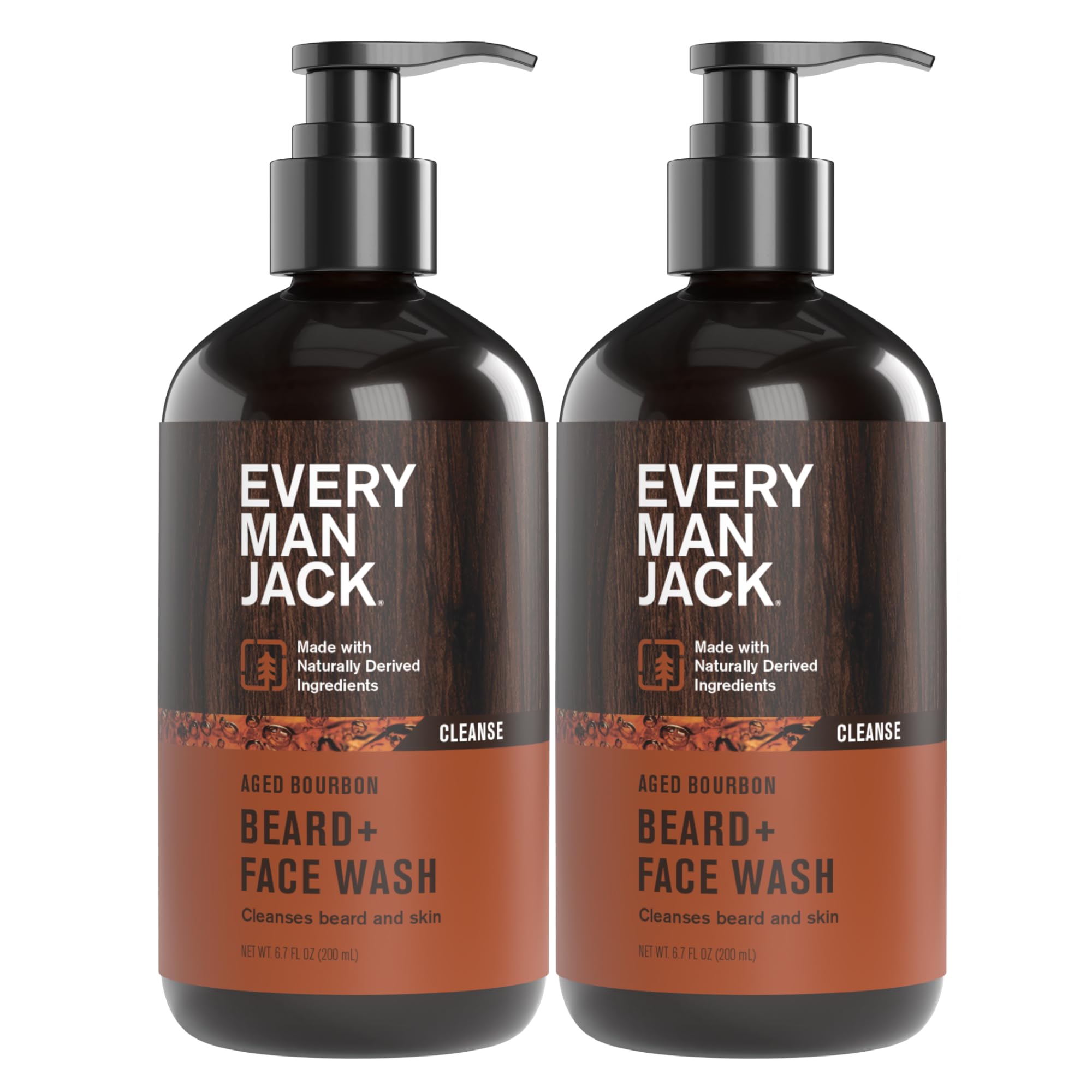 Every Man Jack beard and face wash bottle showing aged bourbon scent for a refreshing cleanse.