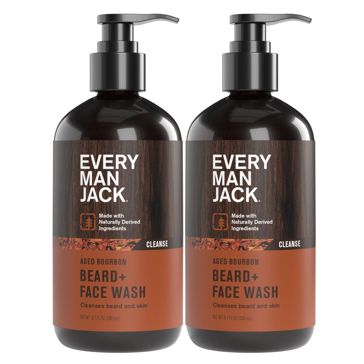 Every Man Jack beard and face wash bottle showing aged bourbon scent for a refreshing cleanse.