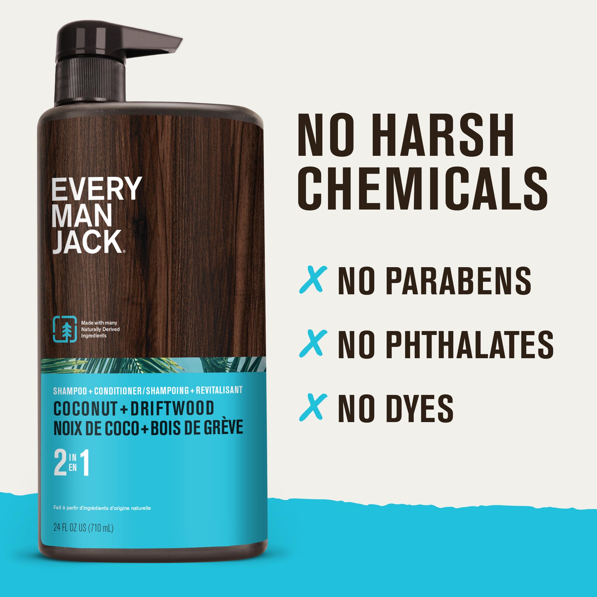 Every Man Jack bottle on shower shelf signals easy daily routine integration.