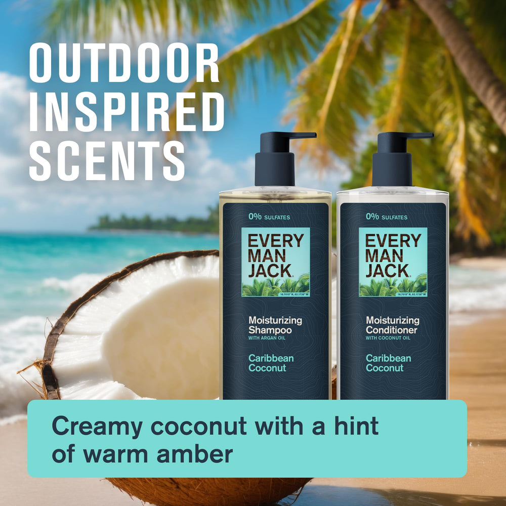 Every Man Jack Caribbean Coconut conditioner closeup—argan oil moisture and shine support.