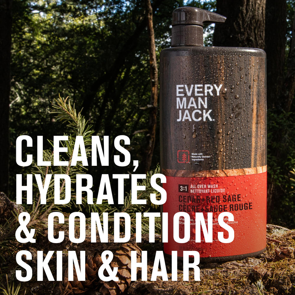 Every Man Jack Cedar + Red Sage 3in1 bottle closeup shows natural ingredients and clean lather.