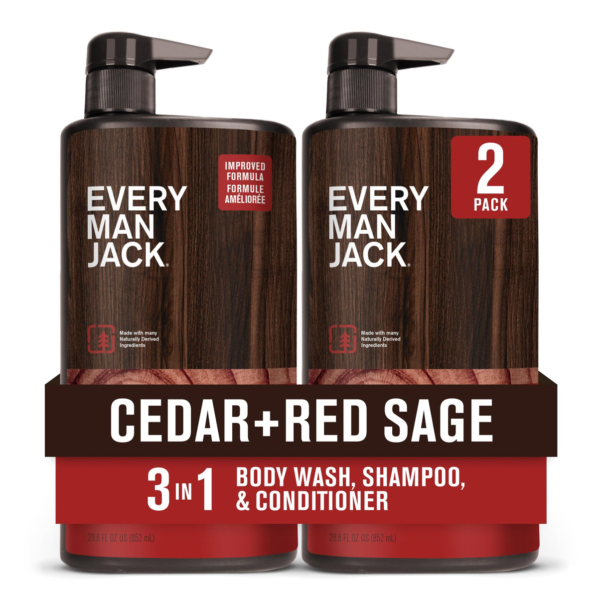 Every Man Jack Cedar + Red Sage 3in1 bottle front highlights rugged all-in-one wash for men.
