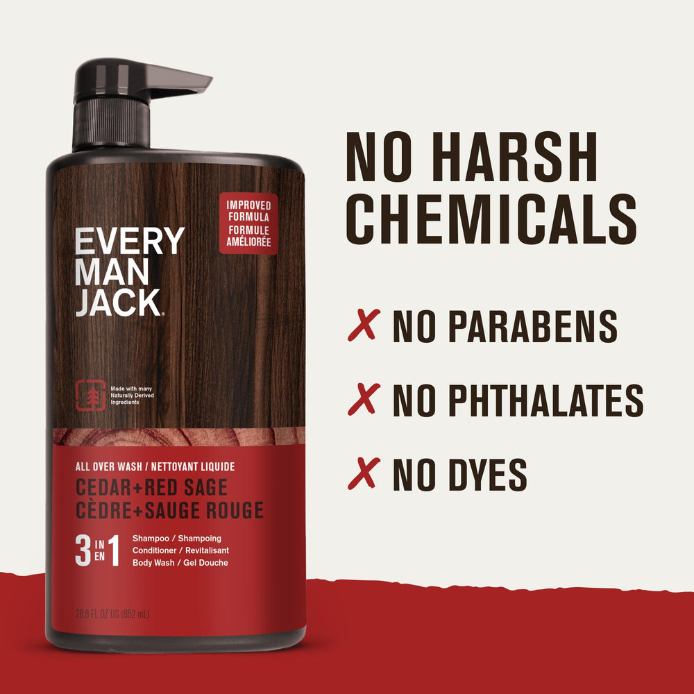 Every Man Jack Cedar + Red Sage bottle hair focus emphasizes hair-friendly hydration.