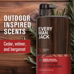 Every Man Jack cedar red sage bottle top emphasizes travel-friendly 24oz size.