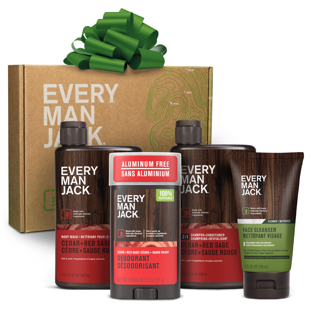 Every Man Jack Cedar Red Sage gift-set box, ideal for holiday gifting.
