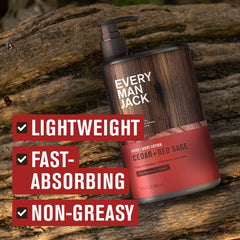 Every Man Jack Cedar+Red Sage lotion being applied shows lightweight, non-greasy feel.