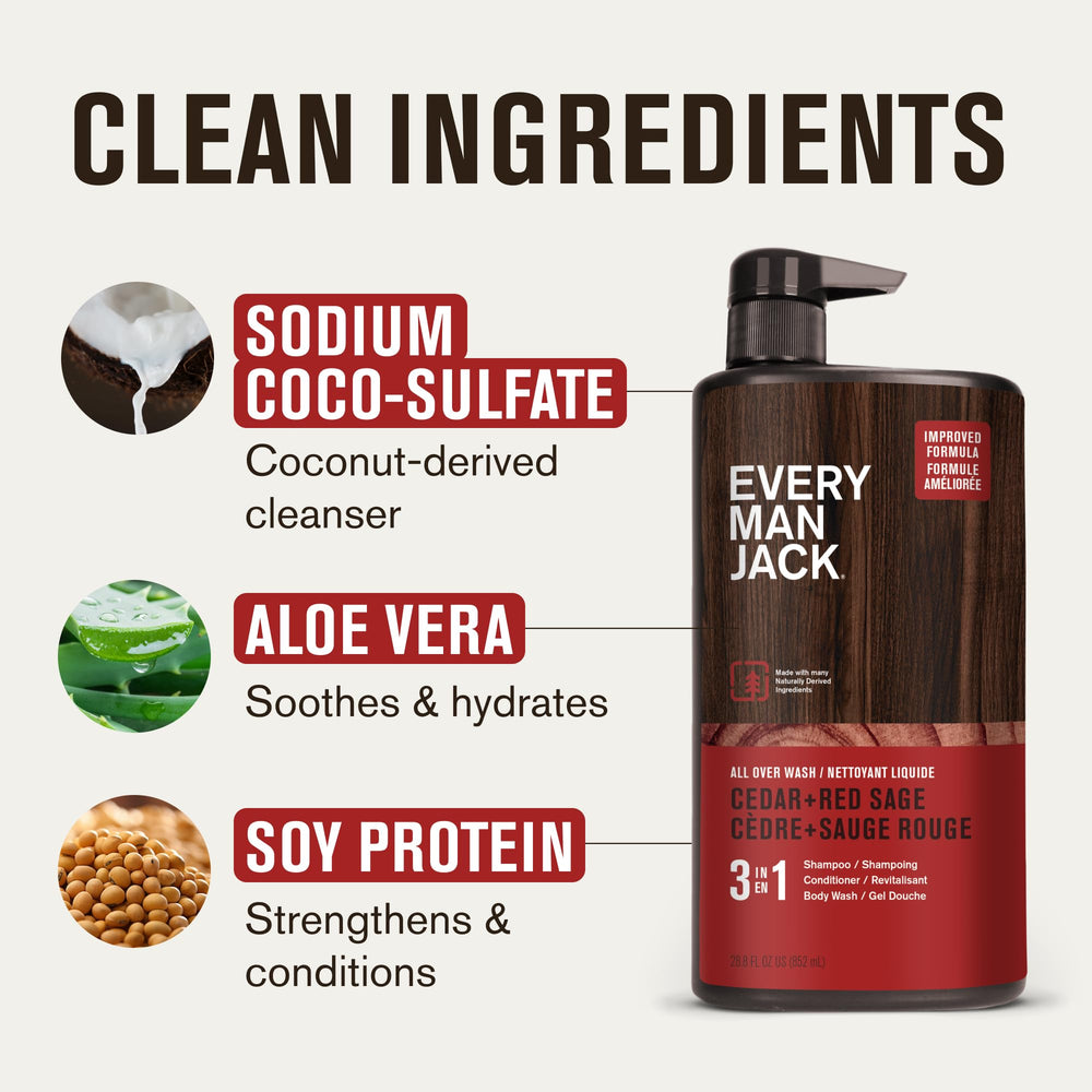 Every Man Jack Cedar + Red Sage shower foam splash suggests refreshing morning ritual.