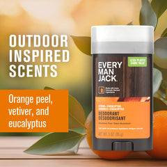 Every Man Jack Citrus + Eucalyptus deodorant label detail emphasizing Cotton Extract moisture absorption.