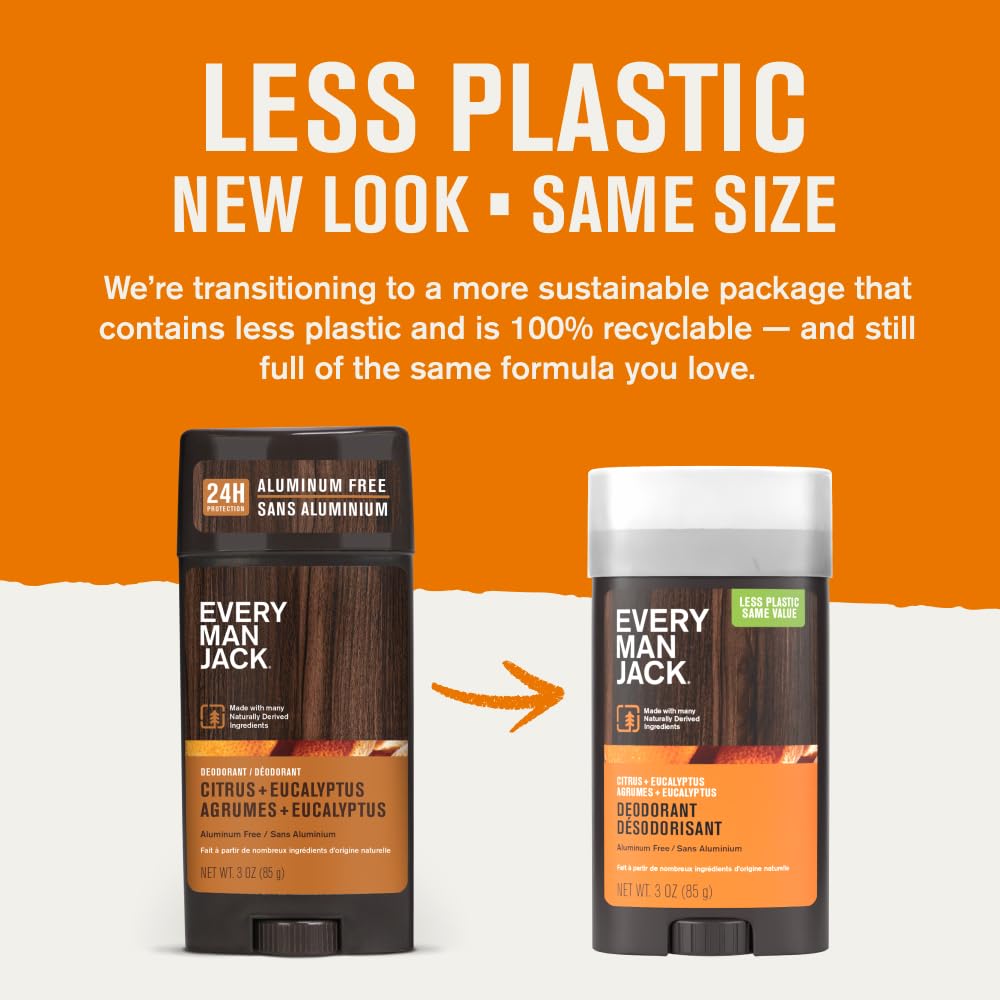 Every Man Jack Citrus + Eucalyptus deodorant stick close-up highlighting natural ingredients and fresh scent.
