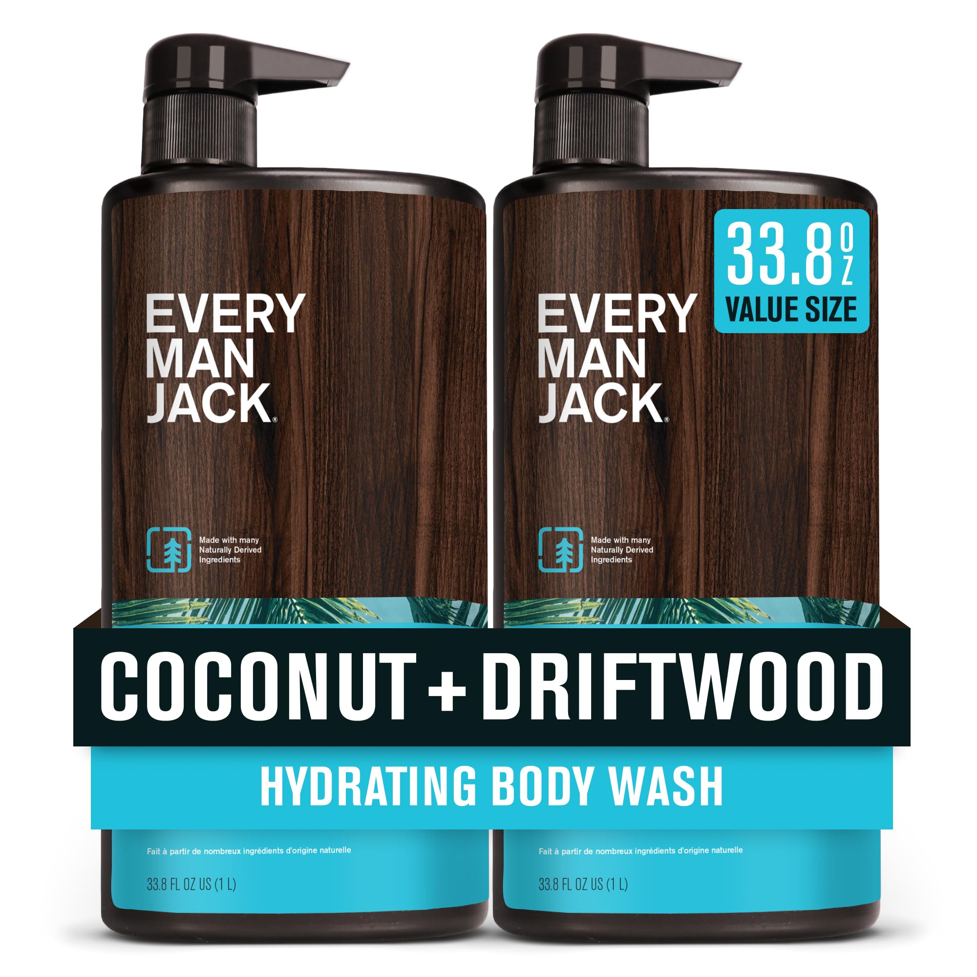 Every Man Jack Coconut + Driftwood bottle pour, tropical scent enhances morning shower.