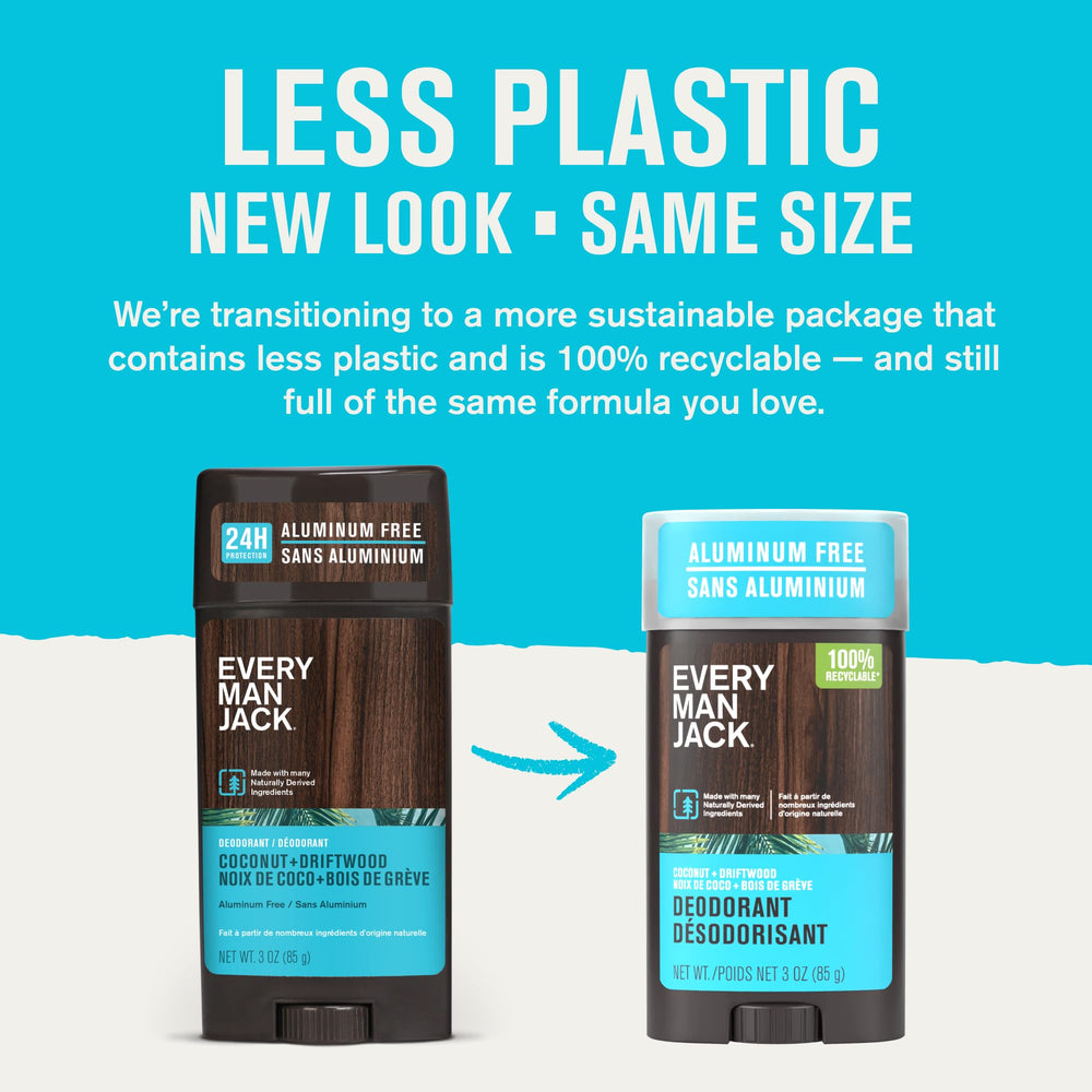 Every Man Jack Coconut Driftwood deodorant application close-up for long-lasting freshness.