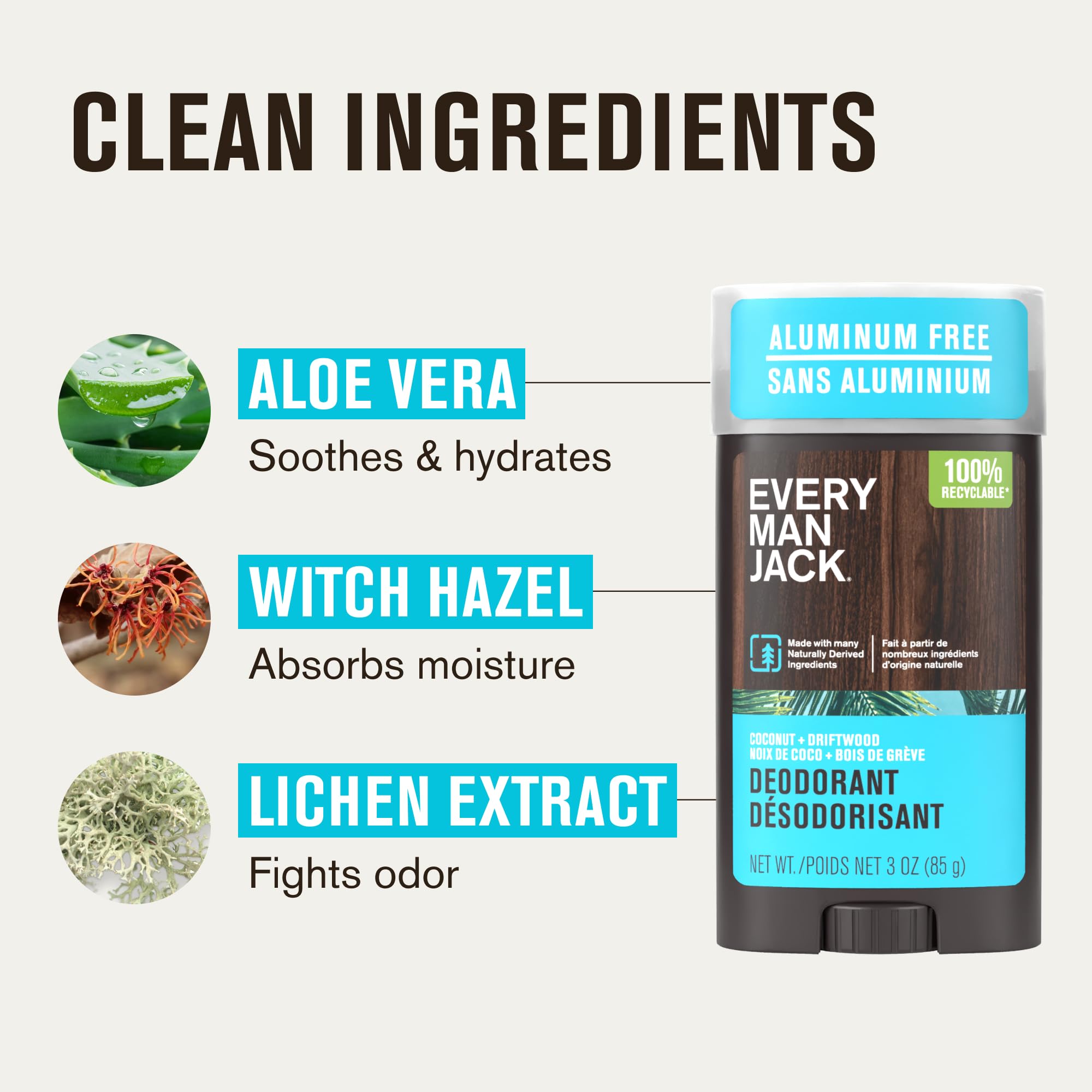 Every Man Jack Coconut Driftwood deodorant with cotton extract graphic highlights moisture absorption.