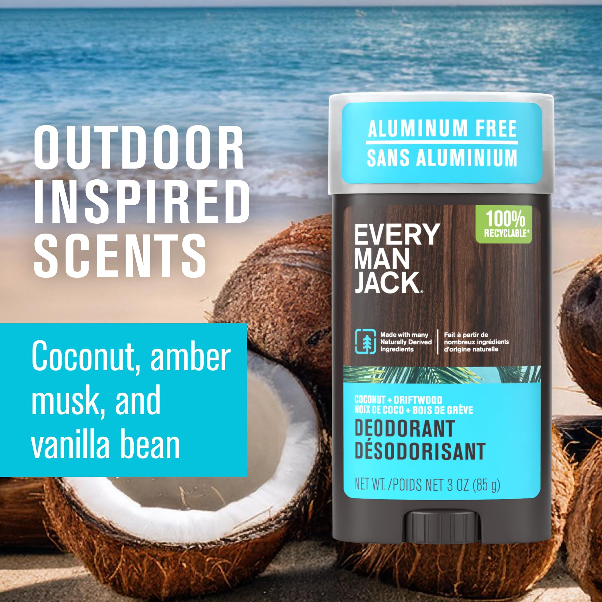 Every Man Jack Coconut Driftwood deodorant packaging front emphasizes aluminum-free formula.
