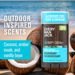 Every Man Jack Coconut Driftwood deodorant packaging front emphasizes aluminum-free formula.
