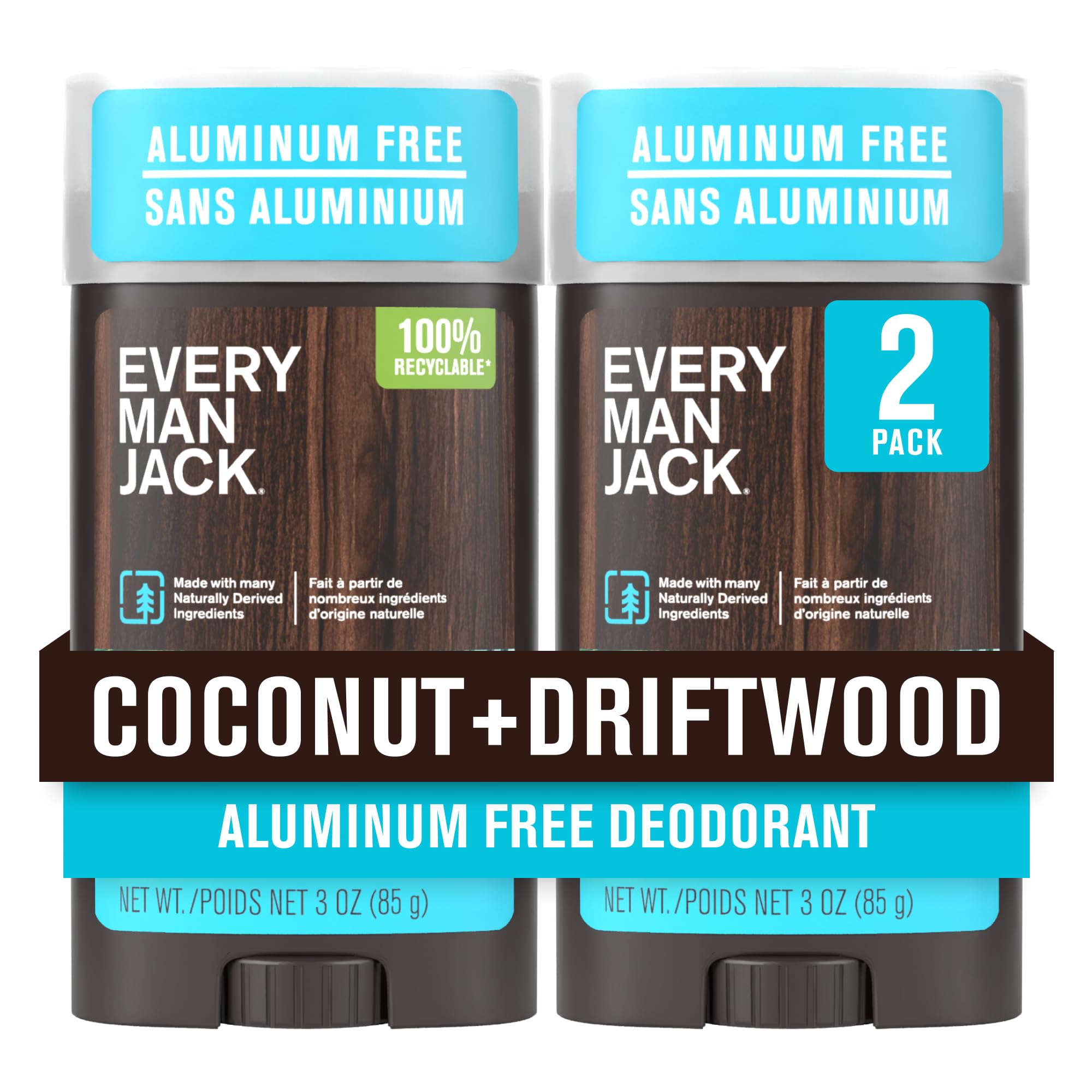 Every Man Jack Coconut Driftwood deodorant stick offering aluminum-free protection all day.