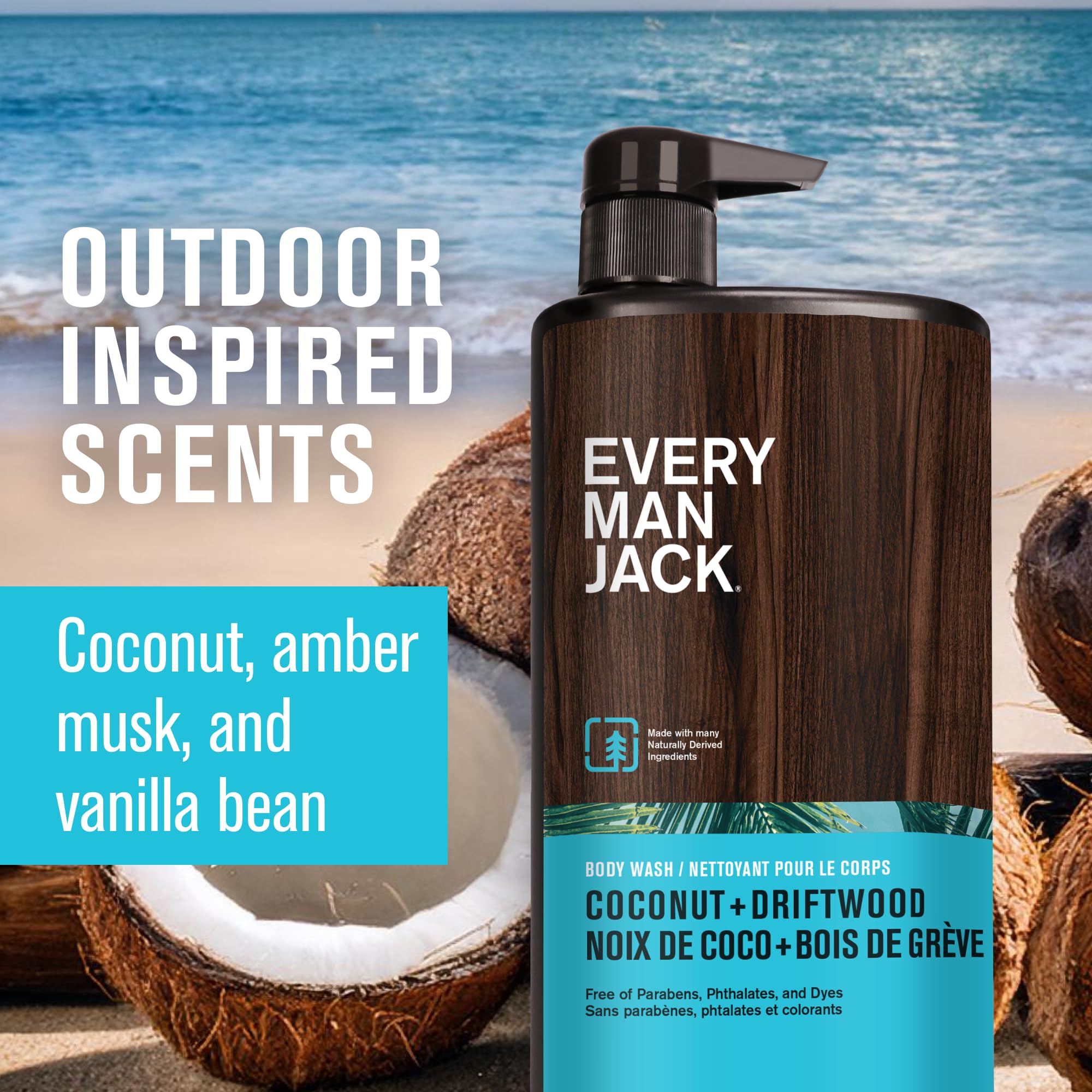 Every Man Jack Coconut + Driftwood label closeup highlights scent for easy recognition.