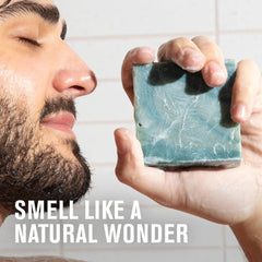 Every Man Jack Cold Plunge bar soap cold-process closeup highlights moisturizing coconut and olive oils.