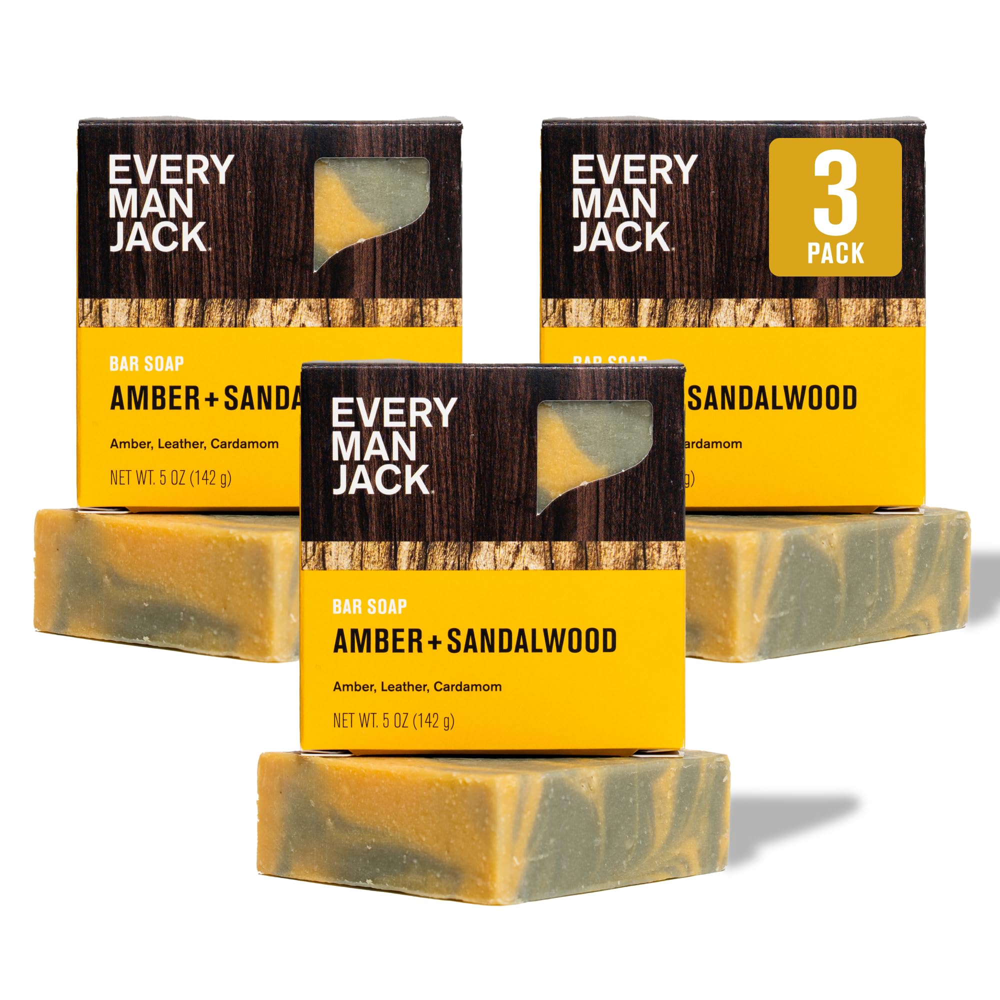 Every Man Jack cold-processed soap closeup with subtle amber sandalwood aroma for daily grooming.