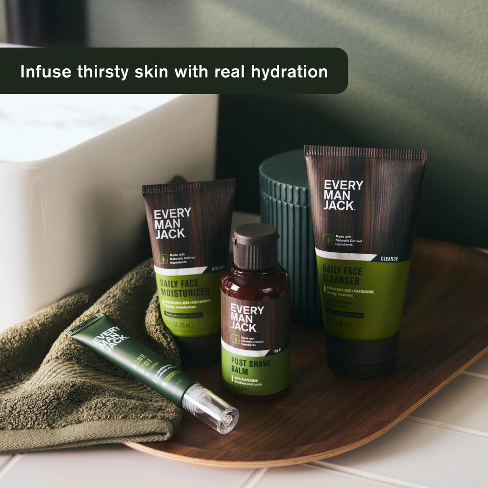 Every Man Jack lotion in-use during morning routine for revived, moisturized skin.