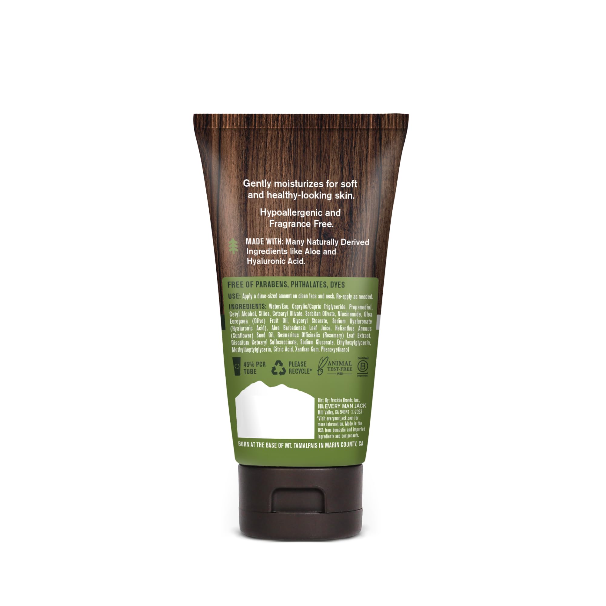 Every Man Jack fragrance-free lotion bottle emphasizing skin-friendly formulation.