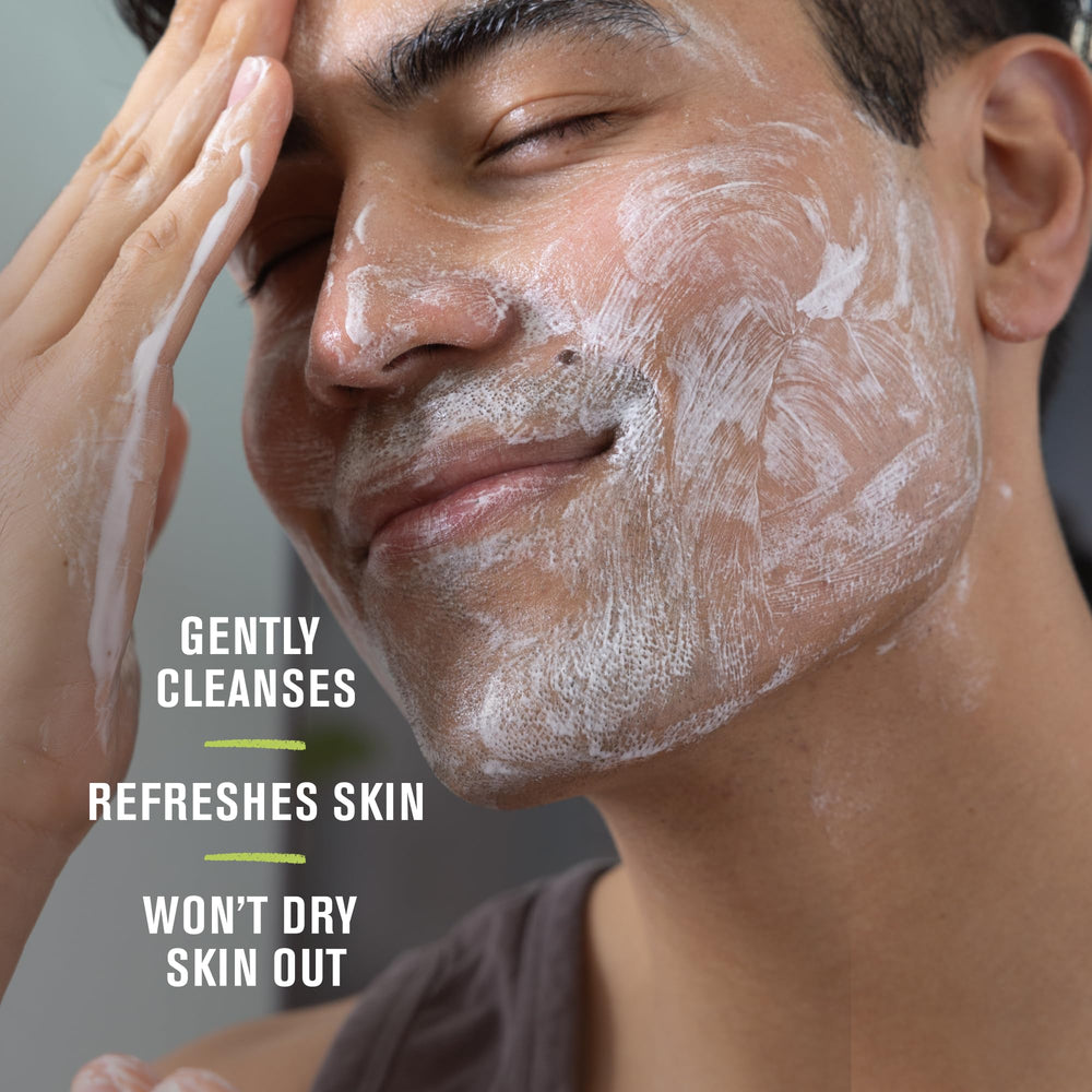 Every Man Jack daily face wash packaging overview emphasizing clean fragrance free formula.
