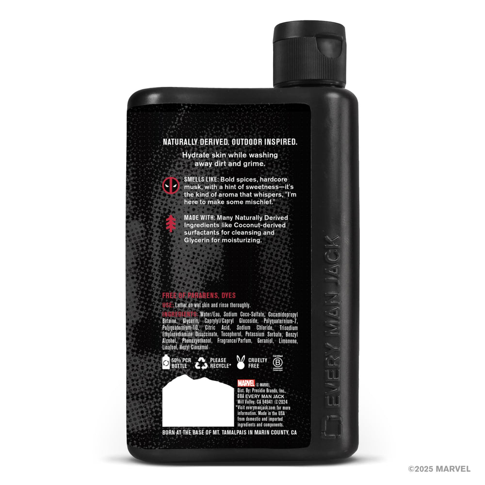 Every Man Jack Deadpool body wash back label highlights paraben-free and dye-free formula