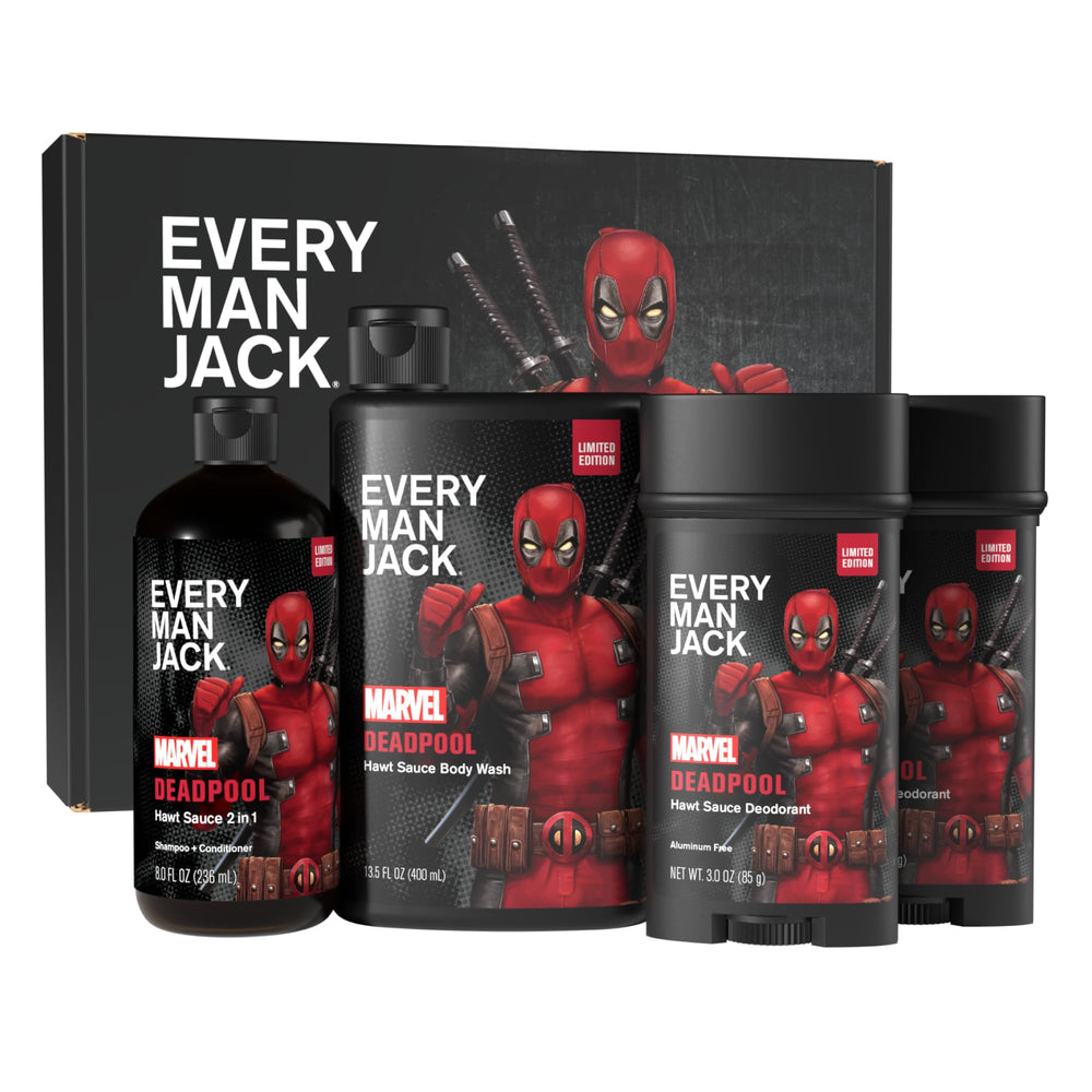 Every Man Jack Deadpool body wash bottle with bold musk and spice scent