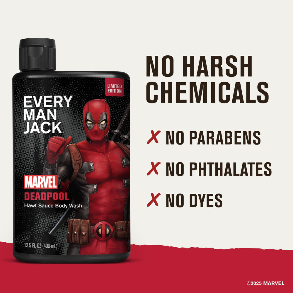 Every Man Jack Deadpool body wash foam texture demonstrates plant-based cleanse