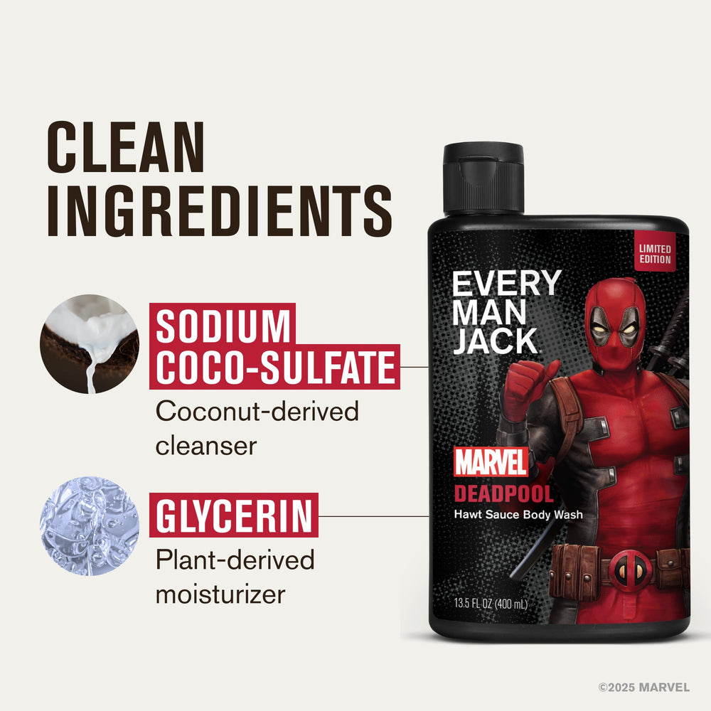 Every Man Jack Deadpool body wash pour closeup highlighting smooth lather