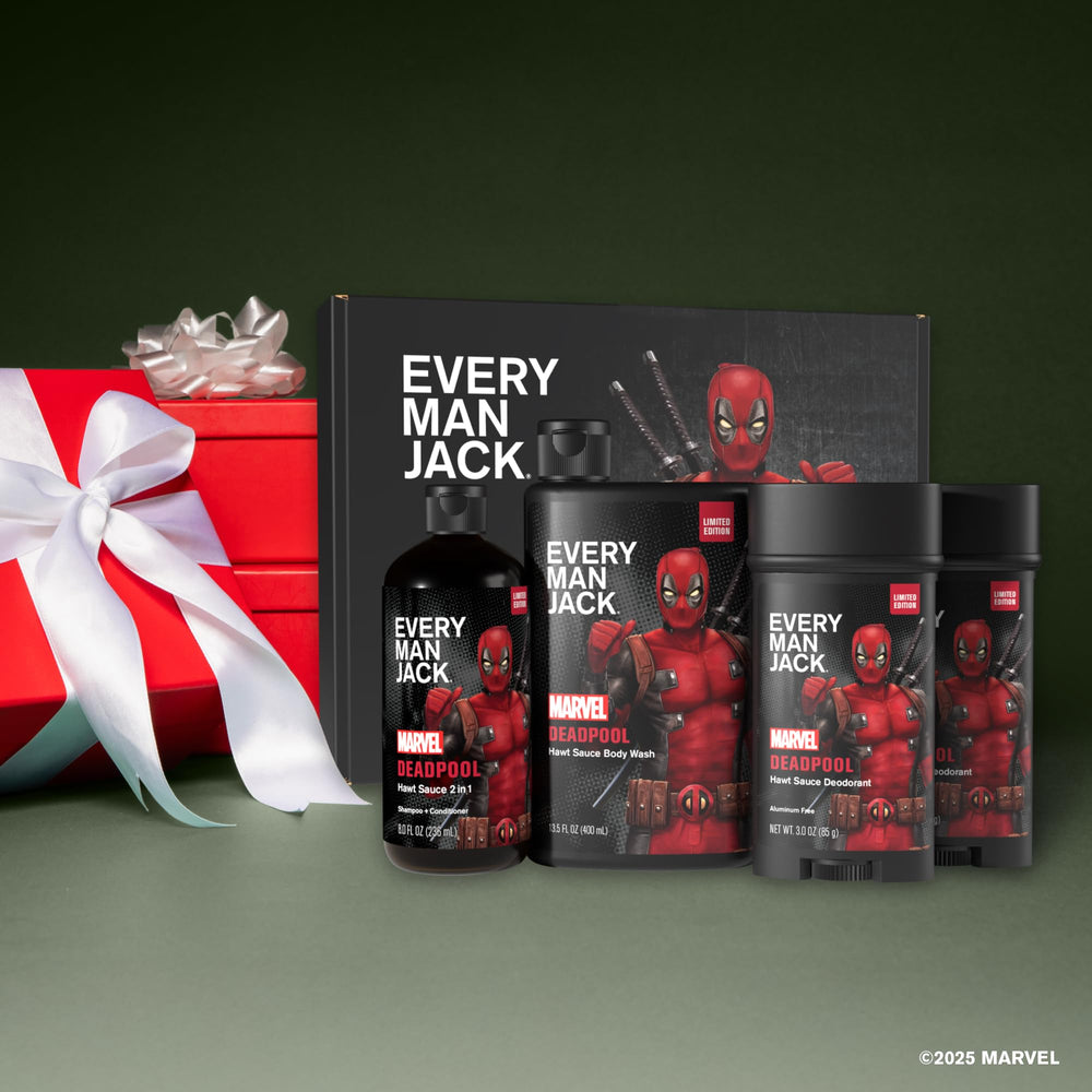 Every Man Jack Deadpool bundle display highlights full-body grooming in one kit