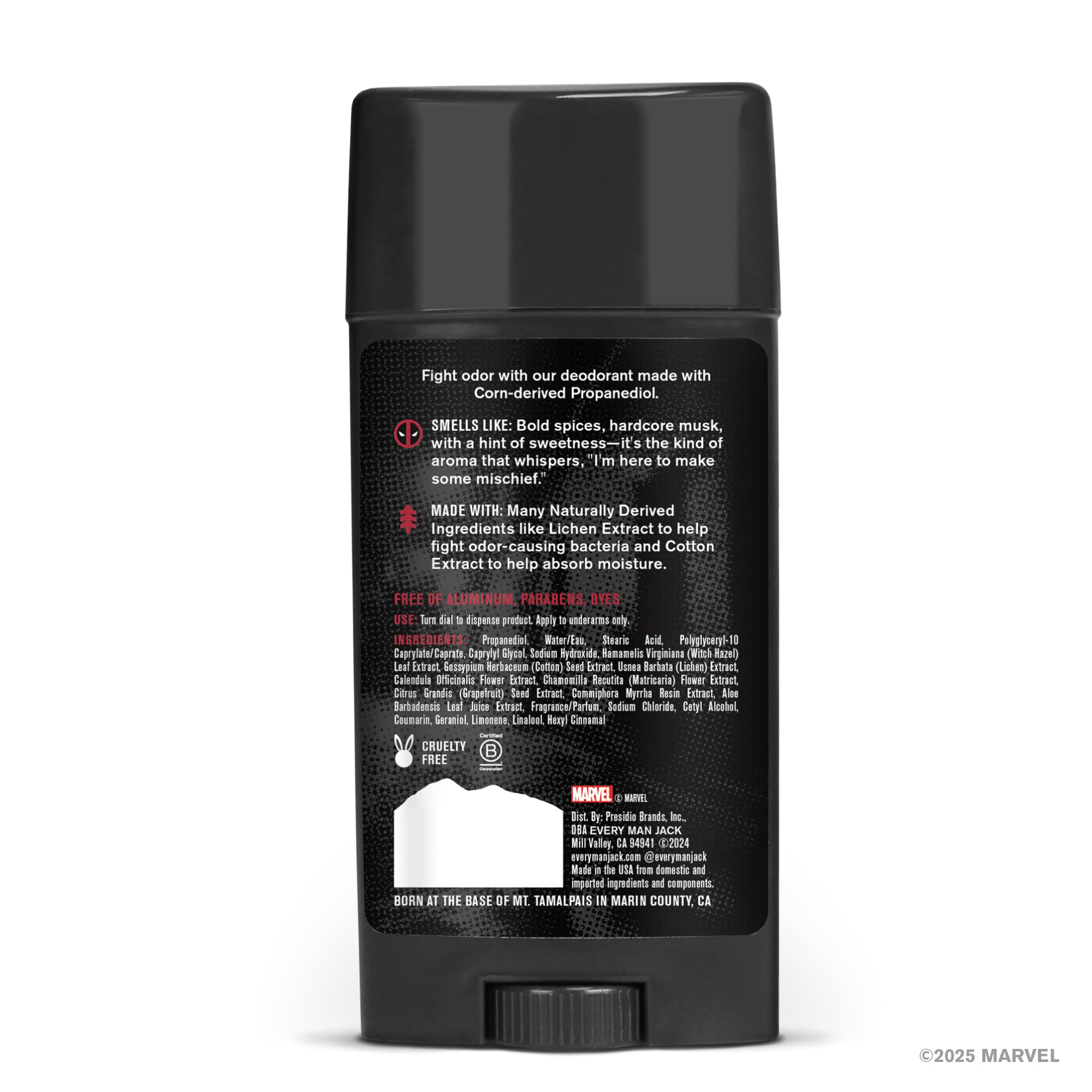 Every Man Jack Deadpool deodorant 3oz tube with twist-cap for travel-friendly use.