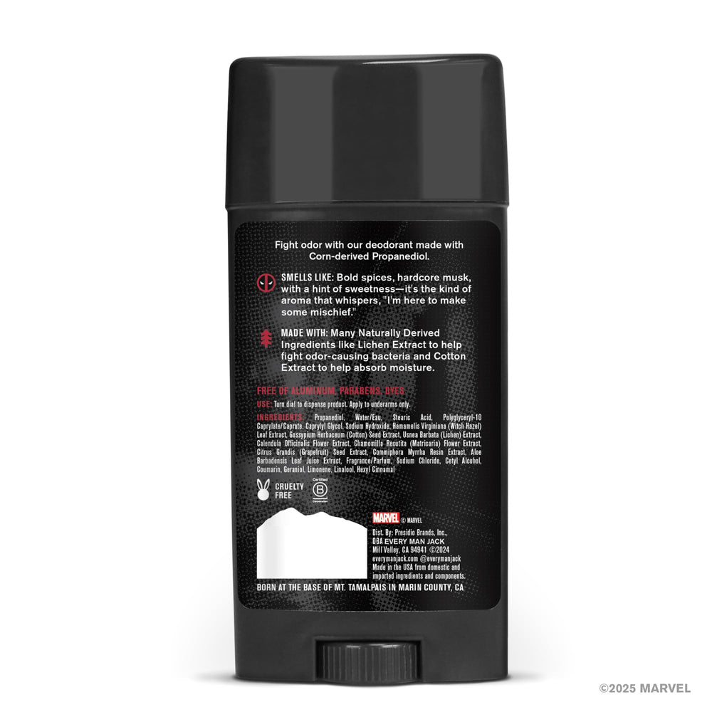 Every Man Jack Deadpool deodorant 3oz tube with twist-cap for travel-friendly use.