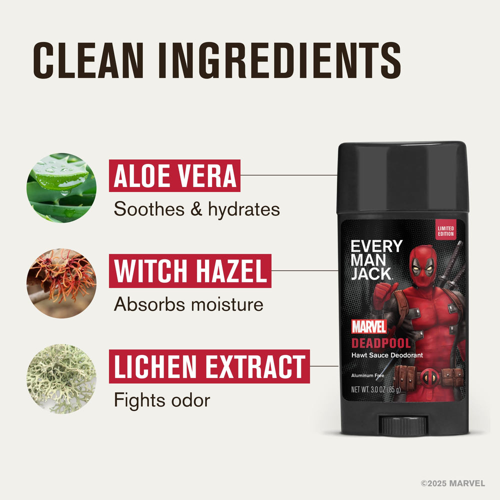 Every Man Jack Deadpool deodorant with cotton extract absorbs moisture for long-lasting feel.